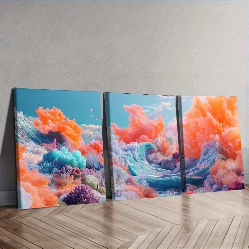 3pcs  A Sea With Different Colors Of Sea Waves Wall Art Set Canvas Framed 40x60cm - High Quality Print 100% Australian Made Wall Canvas Ready to Hang