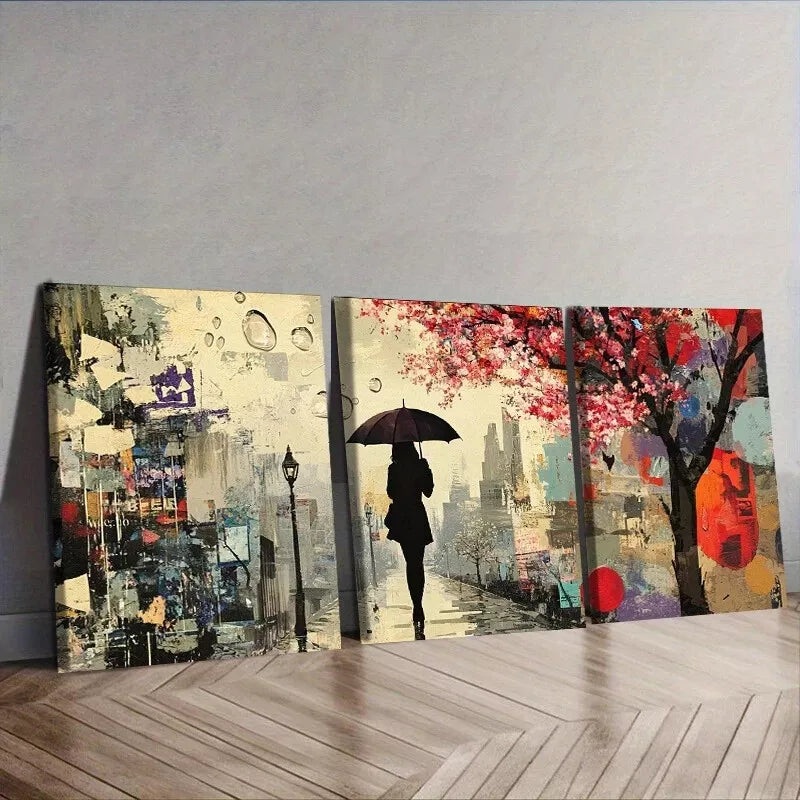 3pcs  A Woman Walks With An Umbrella Wall Art Set Canvas Framed 40x60cm - High Quality Print 100% Australian Made Wall Canvas Ready to Hang