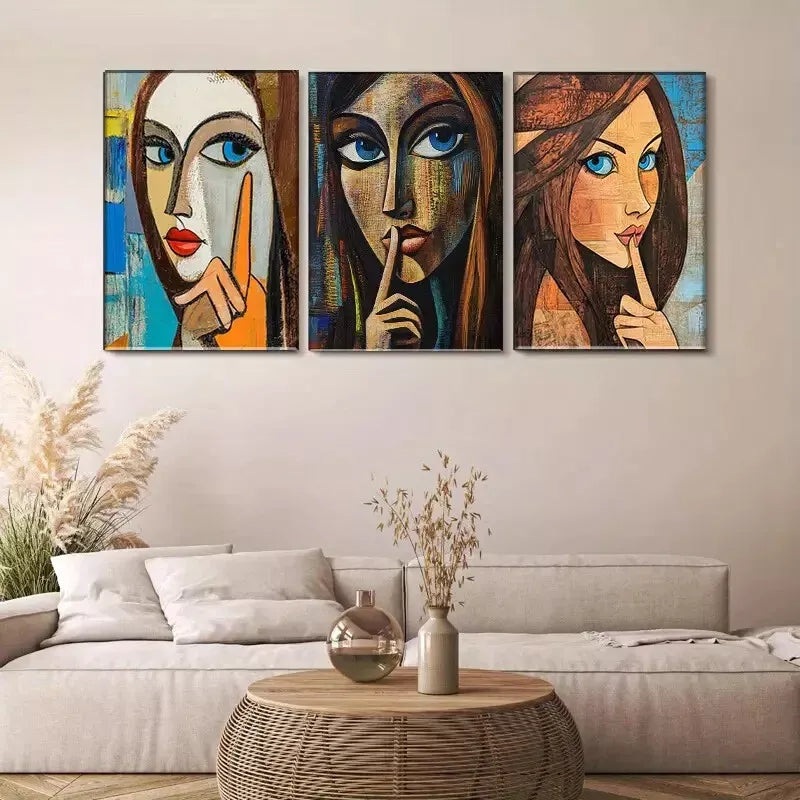 3pcs Abstract Woman Portrait "Shh" Gesture    Wall Art Set Canvas Framed 40x60cm - High Quality Print 100% Australian Made Wall Canvas Ready to Hang