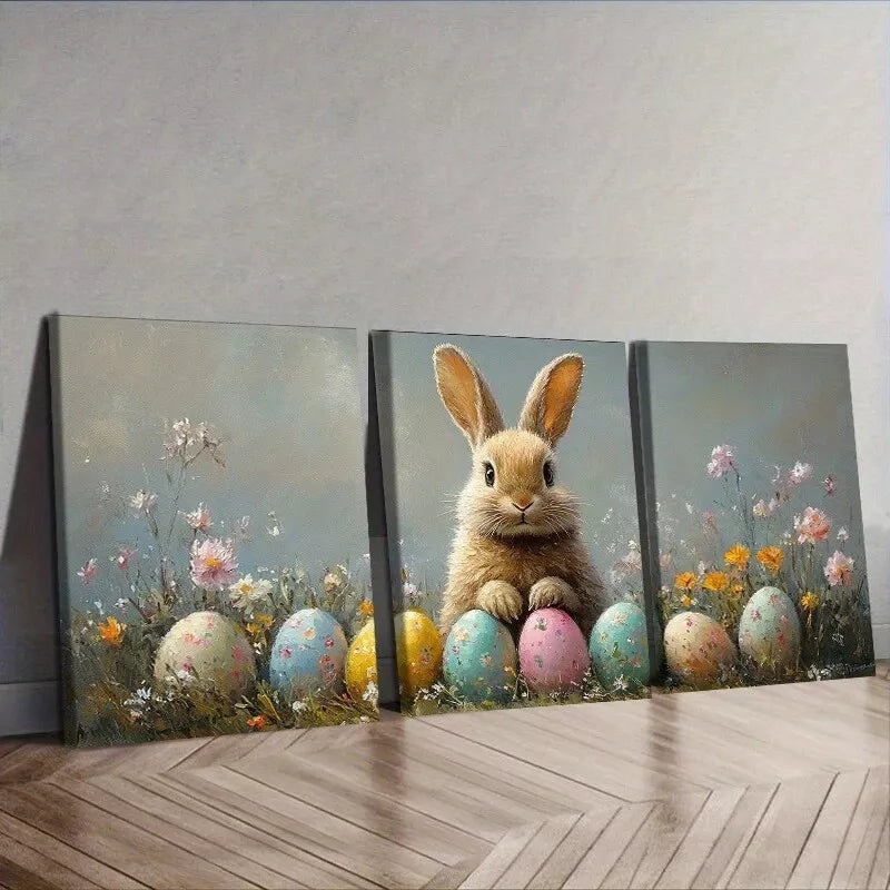 3pcs  Adorable Easter Bunny with Eggs Wall Art Set Canvas Framed 40x60cm - High Quality Print 100% Australian Made Wall Canvas Ready to Hang