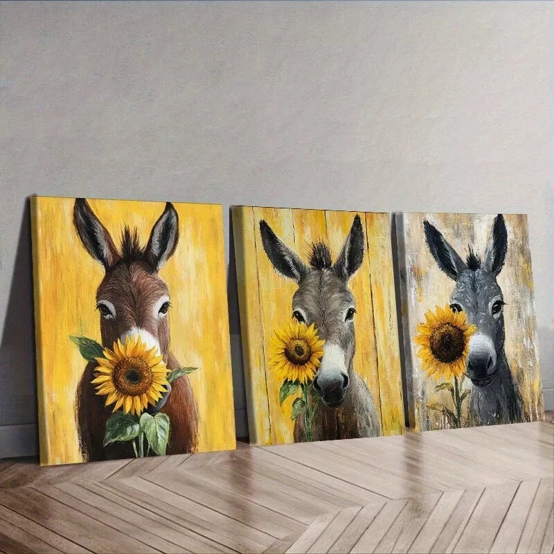 3pcs an Adorable Donkey Adorned with a Sunflower Wall Art Set Canvas Framed 40x60cm - High Quality Print 100% Australian Made Wall Canvas Ready to Hang