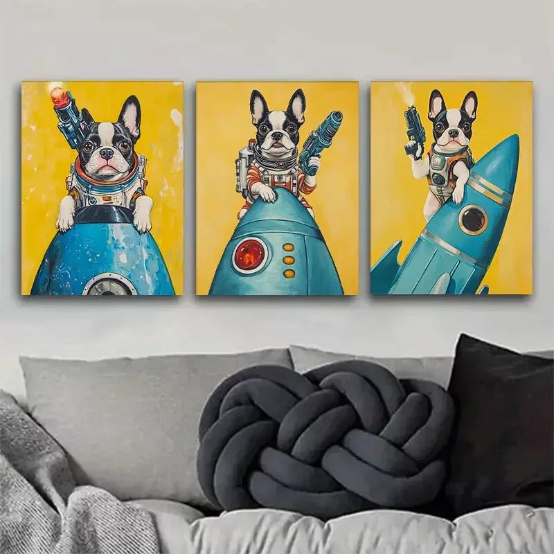 3pcs  An Adorable Space-Themed Bulldog Wall Art Set Canvas Framed 40x60cm - High Quality Print 100% Australian Made Wall Canvas Ready to Hang