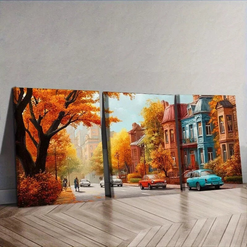 3pcs Apartment Buildings Autumn Season  Wall Art Set Canvas Framed 40x60cm - High Quality Print 100% Australian Made Wall Canvas Ready to Hang