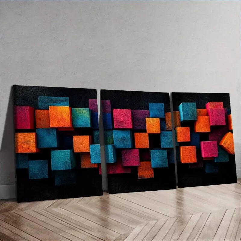 3pcs Art Deco Modern Colorful Cubes  Wall Art Set Canvas Framed 40x60cm - High Quality Print 100% Australian Made Wall Canvas Ready to Hang