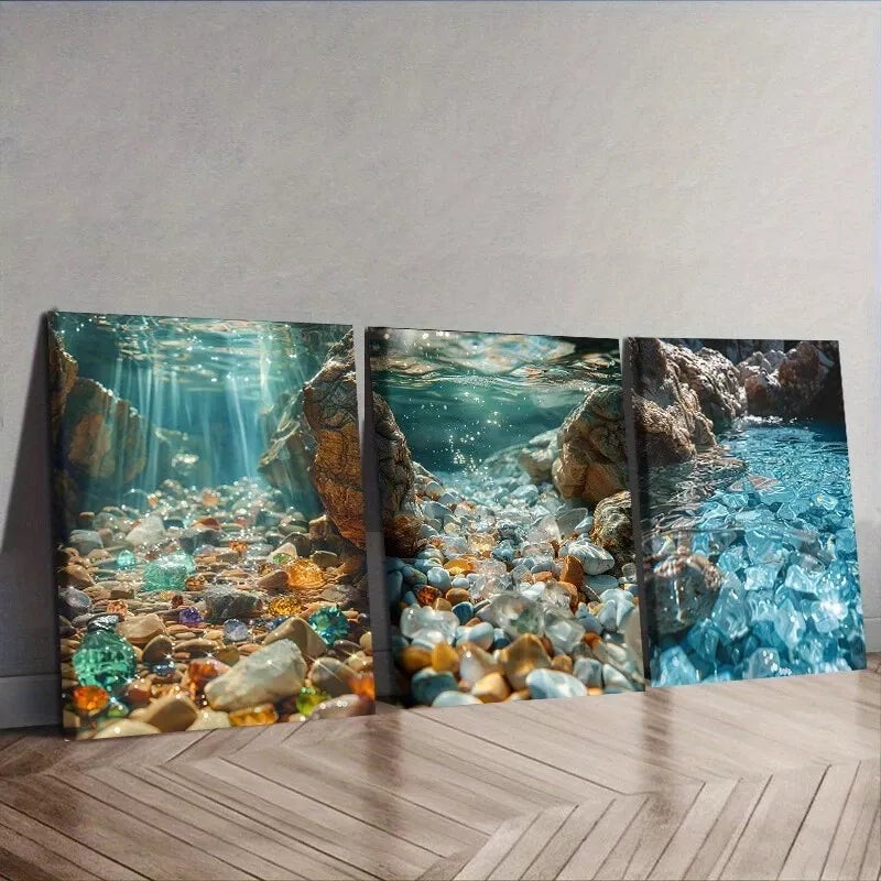 3pcs  Art Deco Modern Water Gem Theme, Wall Art Set Canvas Framed 40x60cm - High Quality Print 100% Australian Made Wall Canvas Ready to Hang