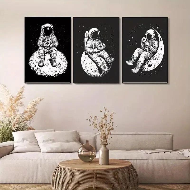 3pcs  Astronaut on Moon in black and white Wall Art Set Canvas Framed 40x60cm - High Quality Print 100% Australian Made Wall Canvas Ready to Hang