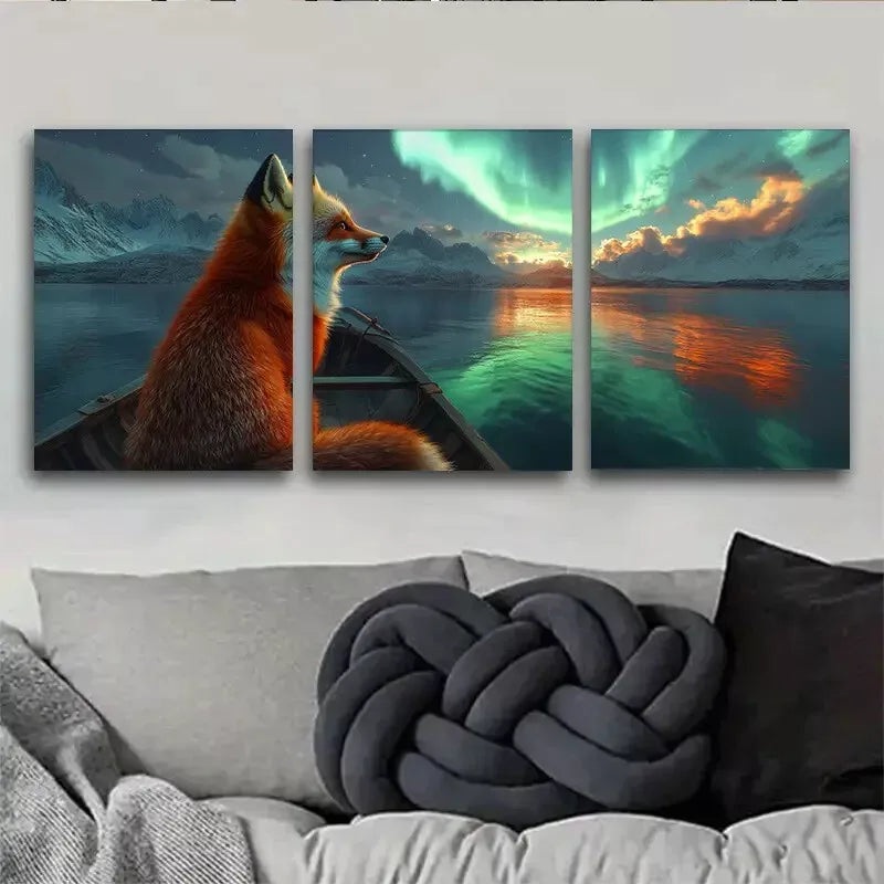 3pcs  Aurora Borealis Fox Canvas Print Norther Wall Art Set Canvas Framed 40x60cm - High Quality Print 100% Australian Made Wall Canvas Ready to Hang