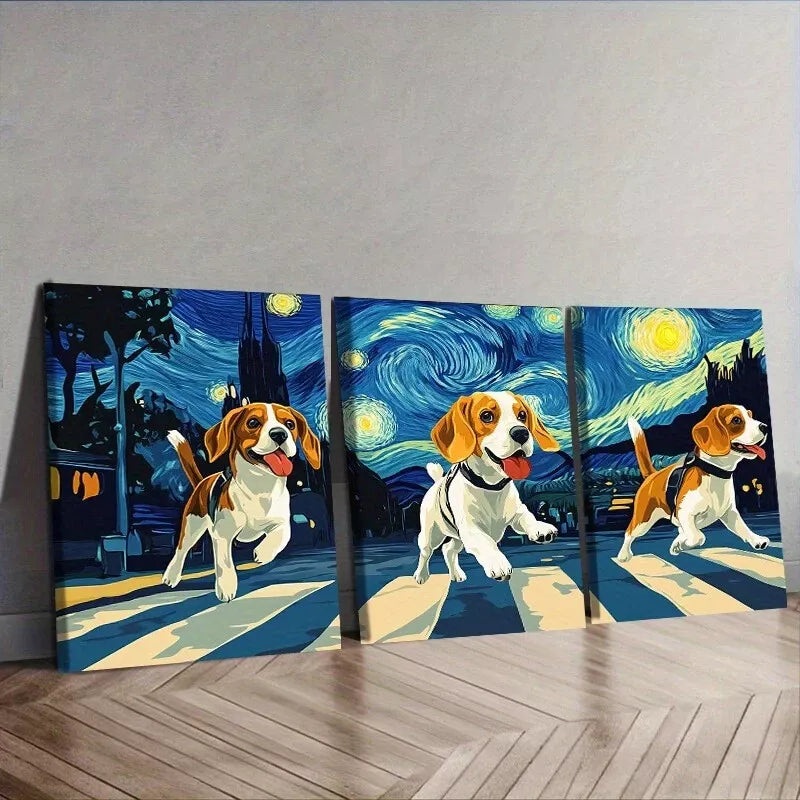 3pcs Beagle Dogs Crossing The Street Wall Art Set Canvas Framed 40x60cm - High Quality Print 100% Australian Made Wall Canvas Ready to Hang