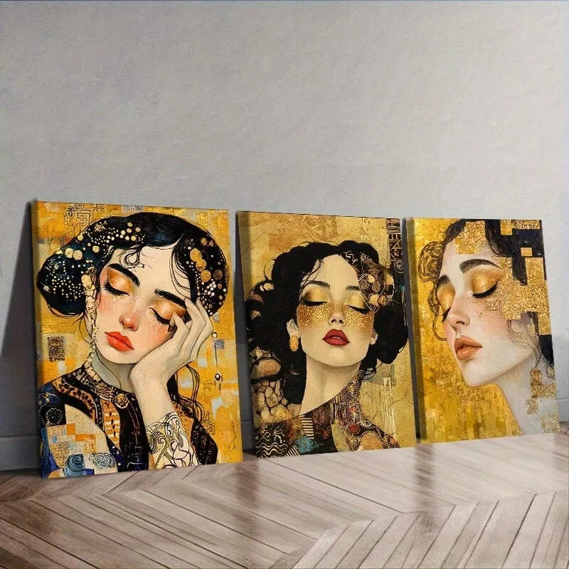 3pcs Beautiful Woman In Yellow Background Wall Art Set Canvas Framed 40x60cm - High Quality Print 100% Australian Made Wall Canvas Ready to Hang