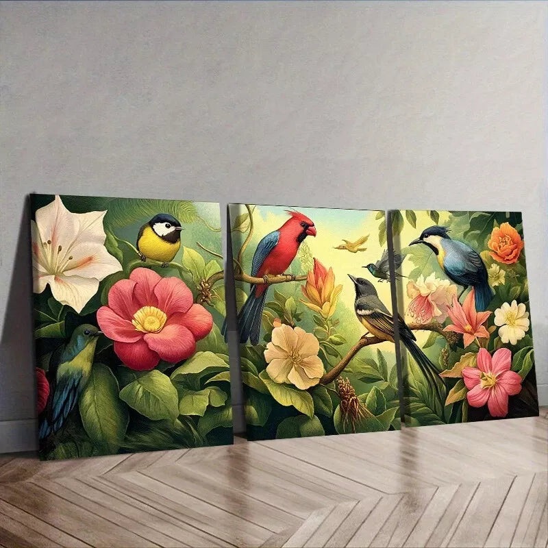 3pcs Birds And Flowers Floral  Wall Art Set Canvas Framed 40x60cm - High Quality Print 100% Australian Made Wall Canvas Ready to Hang