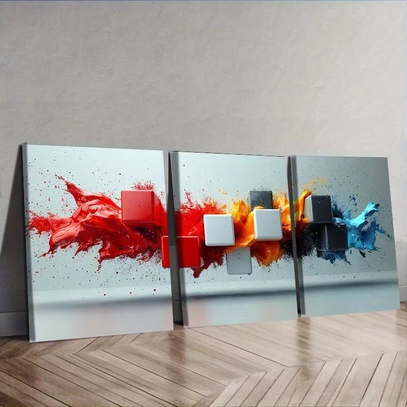 3pcs  Black And White Cubes Color Splash Wall Art Set Canvas Framed 40x60cm - High Quality Print 100% Australian Made Wall Canvas Ready to Hang
