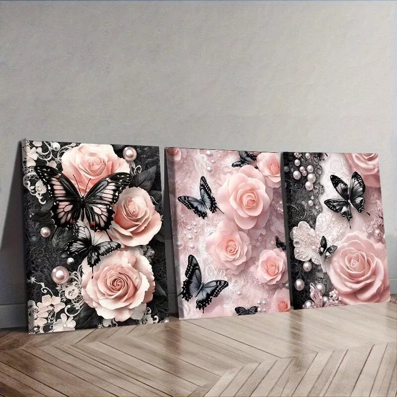 3pcs Black Butterflies In Pink Roses Floral Wall Art Set Canvas Framed 40x60cm - High Quality Print 100% Australian Made Wall Canvas Ready to Hang
