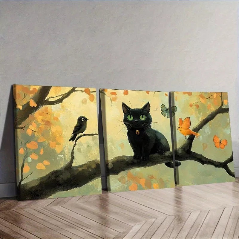 3pcs  Black Cat & Autumn Branch Design Wall Art Set Canvas Framed 40x60cm - High Quality Print 100% Australian Made Wall Canvas Ready to Hang