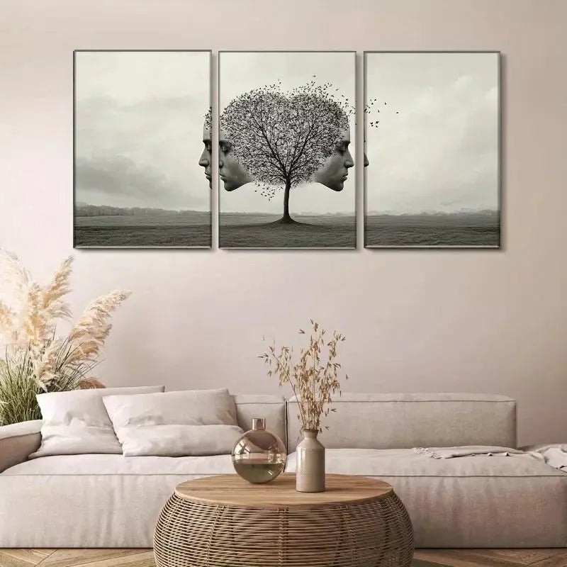 3pcs Black &White Fantasy Surreal Tree and Faces Wall Art Set Canvas Framed 40x60cm - High Quality Print 100% Australian Made Wall Canvas Ready to Hang
