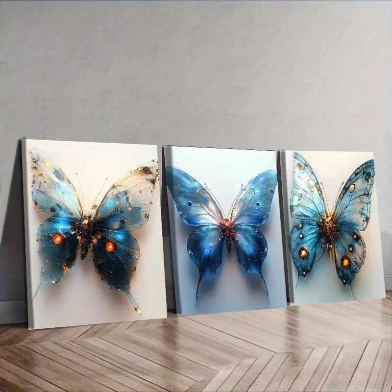 3pcs  Blue Mechanical Butterfly Wall Art Set Canvas Framed 40x60cm - High Quality Print 100% Australian Made Wall Canvas Ready to Hang
