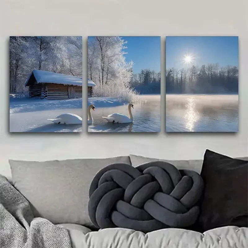 3pcs  calm charm Winter Swan Lake Wrapped Wall Art Set Canvas Framed 40x60cm - High Quality Print 100% Australian Made Wall Canvas Ready to Hang