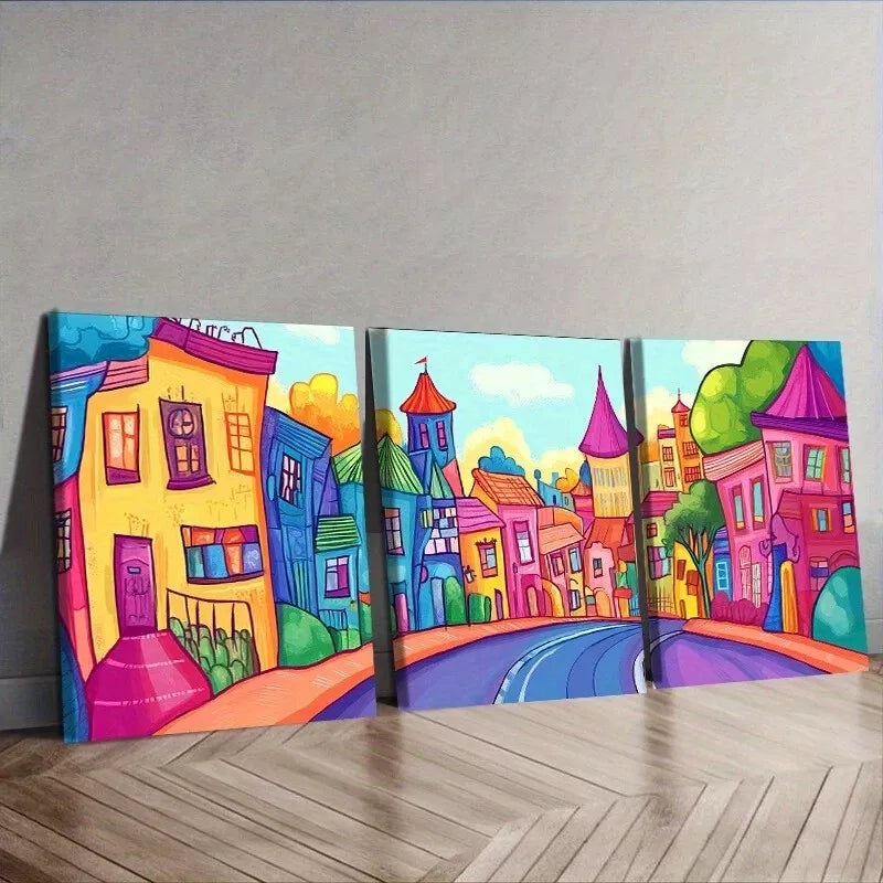 3pcs Cartoon Town Colorful Background Wall Art Set Canvas Framed 40x60cm - High Quality Print 100% Australian Made Wall Canvas Ready to Hang