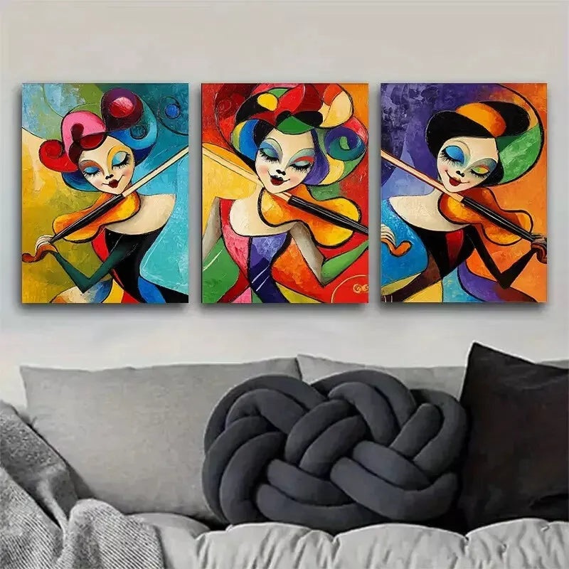 3pcs  Colorful and lively Abstract Violinist Wall Art Set Canvas Framed 40x60cm - High Quality Print 100% Australian Made Wall Canvas Ready to Hang