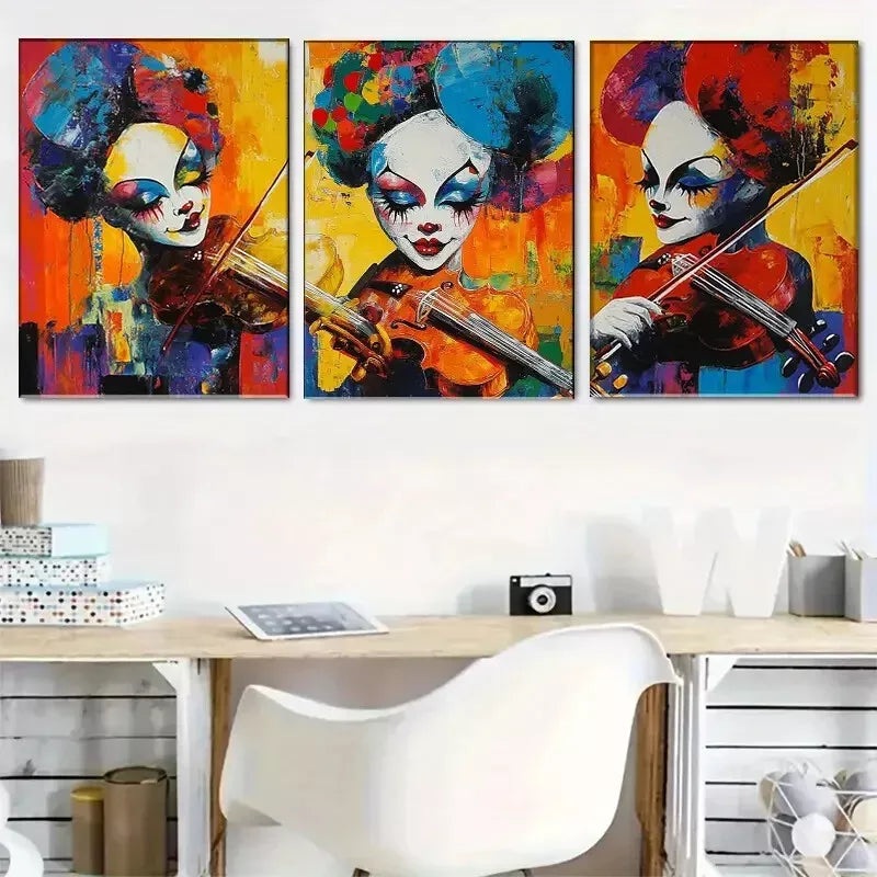 3pcs Colorful Clown Violinist artistic atmosphere Wall Art Set Canvas Framed 40x60cm - High Quality Print 100% Australian Made Wall Canvas Ready to Hang