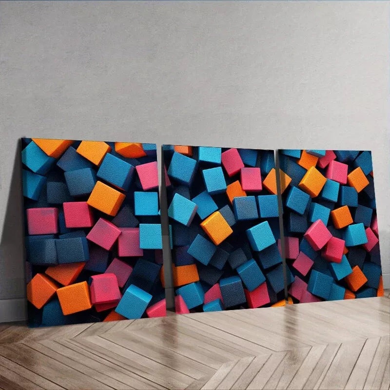 3pcs Colorful Cubes - Art Deco, Modern, Wall Art Set Canvas Framed 40x60cm - High Quality Print 100% Australian Made Wall Canvas Ready to Hang