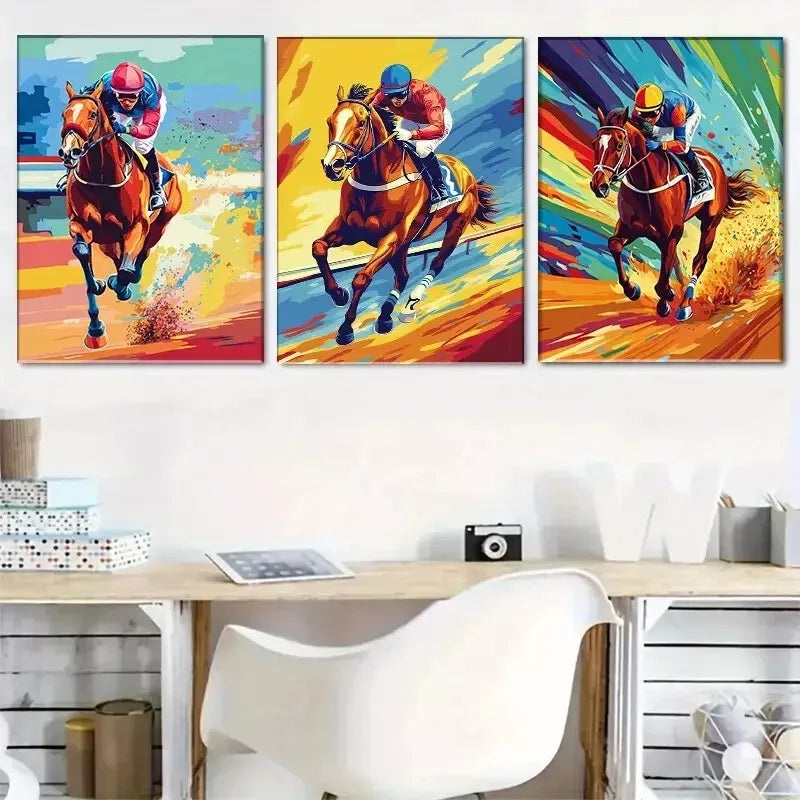 3pcs colorful pop art style Horse Racing  Wall Art Set Canvas Framed 40x60cm - High Quality Print 100% Australian Made Wall Canvas Ready to Hang
