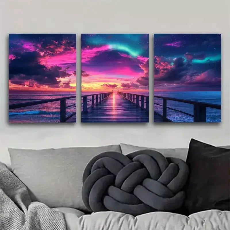 3pcs  Colorful Vibrant Aurora Pier Triptych  Wall Art Set Canvas Framed 40x60cm - High Quality Print 100% Australian Made Wall Canvas Ready to Hang