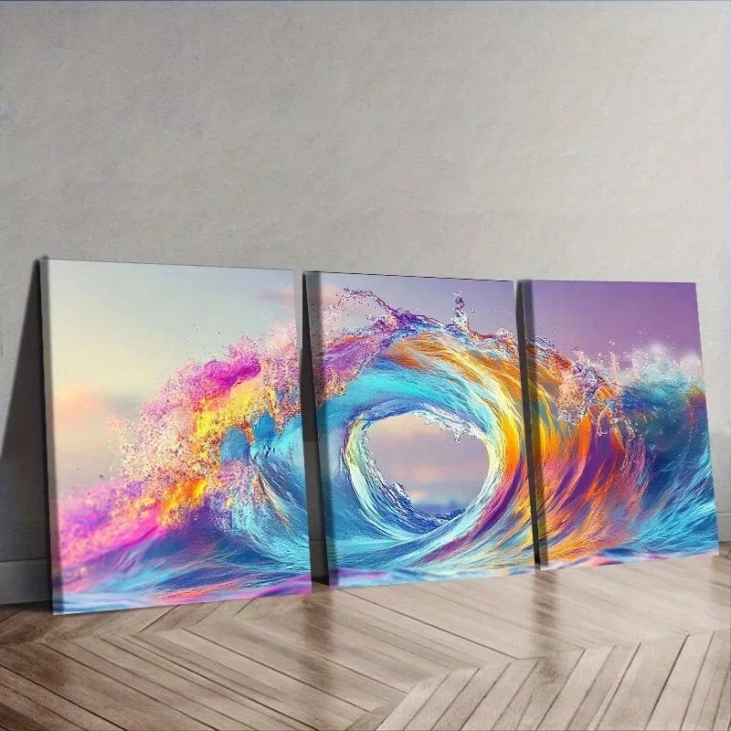 3pcs  Colorful Waves In The Ocean Wall Art Set Canvas Framed 40x60cm - High Quality Print 100% Australian Made Wall Canvas Ready to Hang