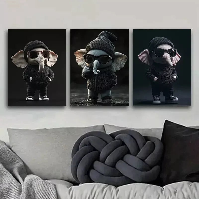 3pcs  Cool Elephant with knitted hat and sunglass Wall Art Set Canvas Framed 40x60cm - High Quality Print 100% Australian Made Wall Canvas Ready to Hang