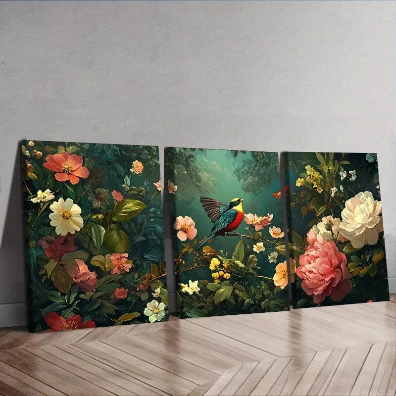 3pcs  Coralline Floral Nature Birds Wall Art Set Canvas Framed 40x60cm - High Quality Print 100% Australian Made Wall Canvas Ready to Hang