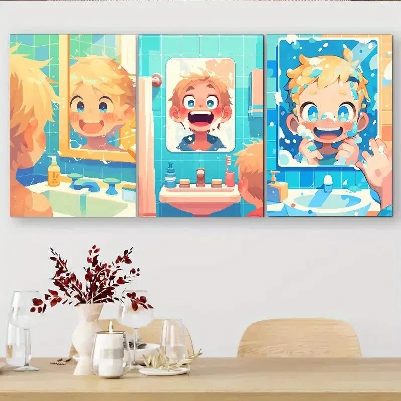 3pcs  Cute Boy Washing Face Comic - style Wall Art Set Canvas Framed 40x60cm - High Quality Print 100% Australian Made Wall Canvas Ready to Hang