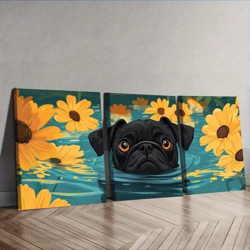 3pcs  Cute Pug Swimming In Water Nature Wall Art Set Canvas Framed 40x60cm - High Quality Print 100% Australian Made Wall Canvas Ready to Hang