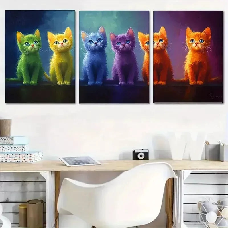 3pcs Cute Rainbow Kitten with big bright eyes Wall Art Set Canvas Framed 40x60cm - High Quality Print 100% Australian Made Wall Canvas Ready to Hang
