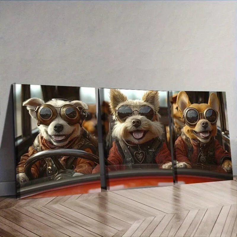 3pcs   Dogs Driving A Car With Sunglasses Wall Art Set Canvas Framed 40x60cm - High Quality Print 100% Australian Made Wall Canvas Ready to Hang