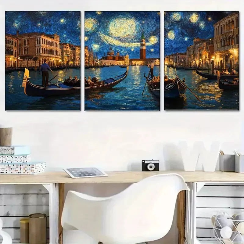 3pcs dreamy deep blue Starry Night in Venice Wall Art Set Canvas Framed 40x60cm - High Quality Print 100% Australian Made Wall Canvas Ready to Hang