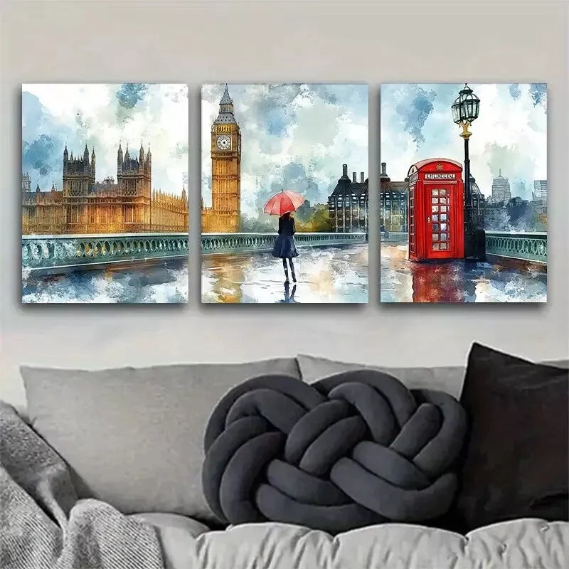 3pcs elegant London Landmarks watercolor Wall Art Set Canvas Framed 40x60cm - High Quality Print 100% Australian Made Wall Canvas Ready to Hang