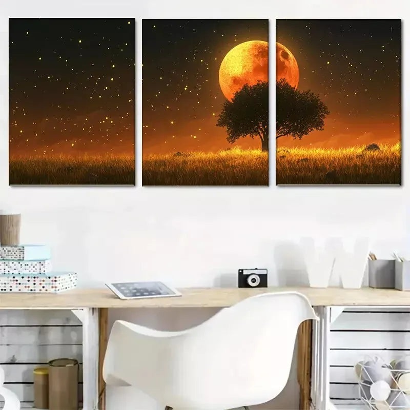 3pcs  Enchanted Moonlit Meadow Wrapped Wall Art Set Canvas Framed 40x60cm - High Quality Print 100% Australian Made Wall Canvas Ready to Hang
