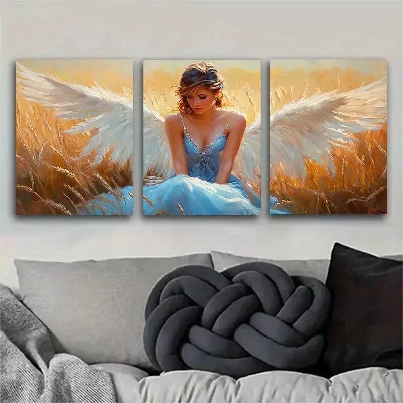 3pcs  Ethereal Angel in Wheat Field Triptych Wall Art Set Canvas Framed 40x60cm - High Quality Print 100% Australian Made Wall Canvas Ready to Hang