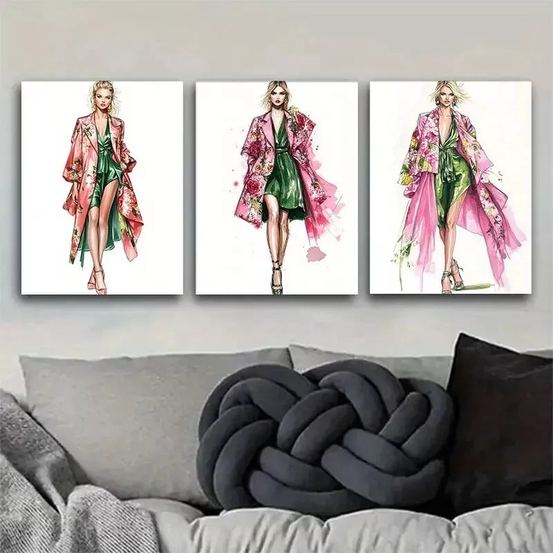 3pcs Fashion Sketch Style Triptych Wall Art Set Canvas Framed 40x60cm - High Quality Print 100% Australian Made Wall Canvas Ready to Hang