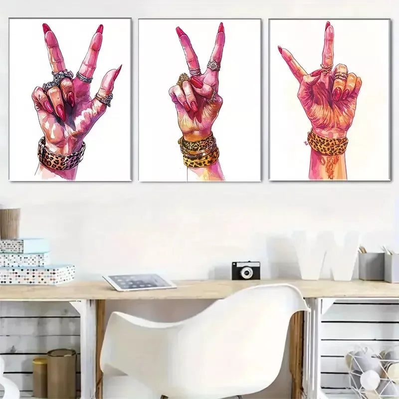 3pcs Fashionable Hand Gesture Triptych Wall Art Set Canvas Framed 40x60cm - High Quality Print 100% Australian Made Wall Canvas Ready to Hang