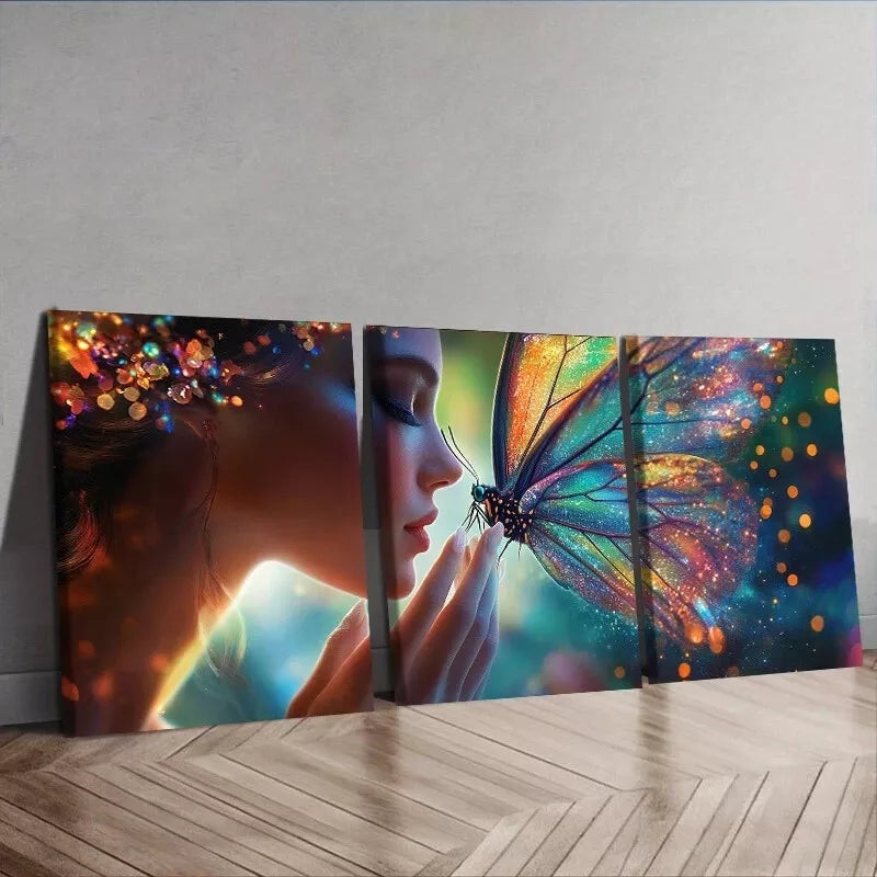 3pcs Featuring a Butterfly Resting on Woman' Face Wall Art Set Canvas Framed 40x60cm - High Quality Print 100% Australian Made Wall Canvas Ready to Hang
