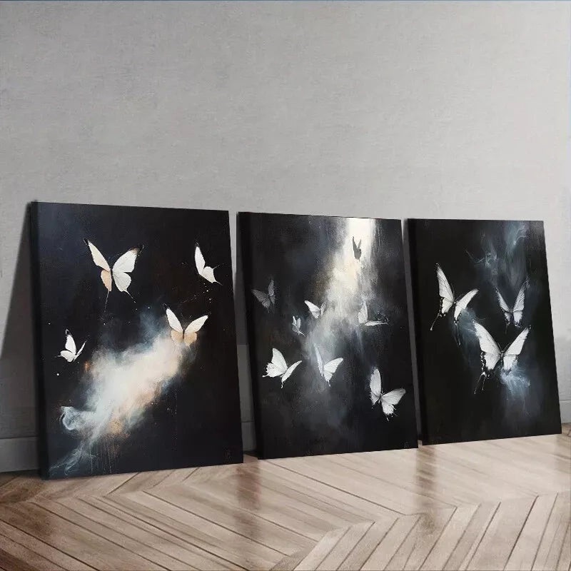 3pcs Featuring White Butterflies in Flight Wall Art Set Canvas Framed 40x60cm - High Quality Print 100% Australian Made Wall Canvas Ready to Hang