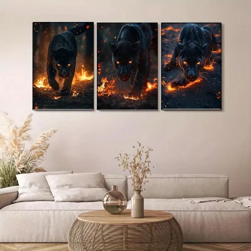 3pcs Flame surrounded Black Panther Triptych Wall Art Set Canvas Framed 40x60cm - High Quality Print 100% Australian Made Wall Canvas Ready to Hang