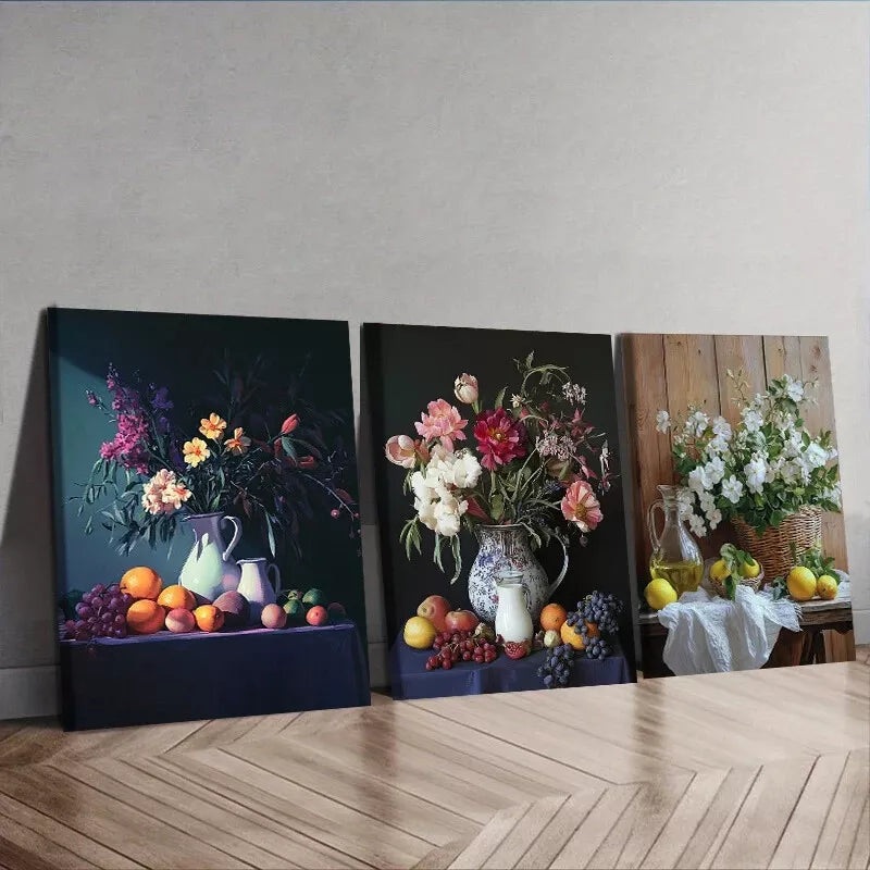 3pcs  Fruit, Flowers, Jug Prints, Art Deco  Wall Art Set Canvas Framed 40x60cm - High Quality Print 100% Australian Made Wall Canvas Ready to Hang