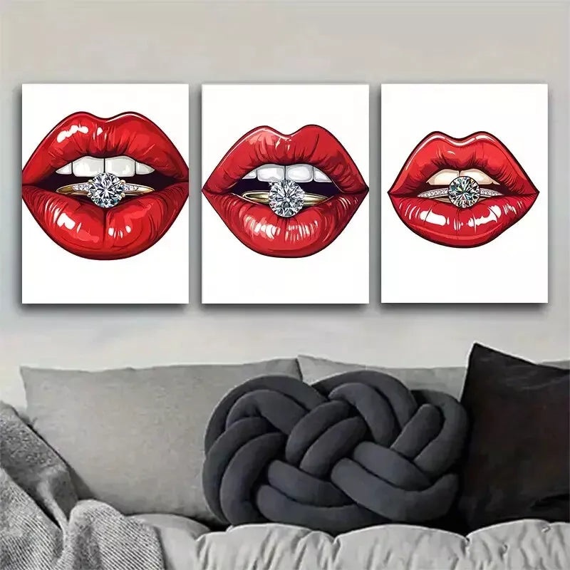 3pcs  Glamorous Red Lips with Diamond Ring Wall Art Set Canvas Framed 40x60cm - High Quality Print 100% Australian Made Wall Canvas Ready to Hang