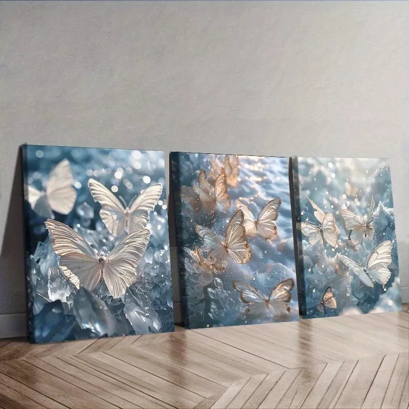 3pcs  Glittering Butterflies Over Water Wall Art Set Canvas Framed 40x60cm - High Quality Print 100% Australian Made Wall Canvas Ready to Hang