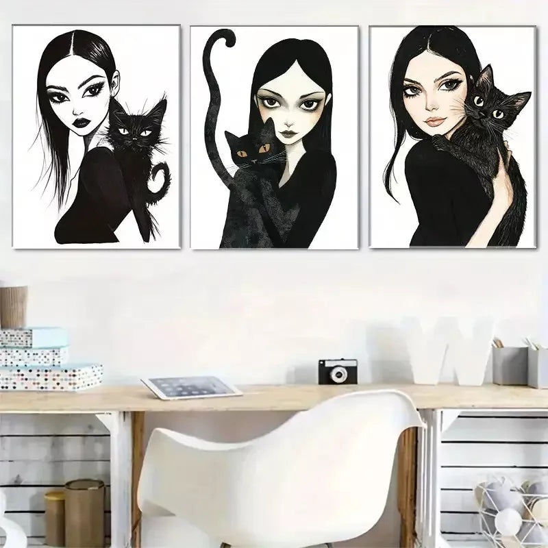 3pcs  Gothic Style Girl and Black Cat Triptych Wall Art Set Canvas Framed 40x60cm - High Quality Print 100% Australian Made Wall Canvas Ready to Hang