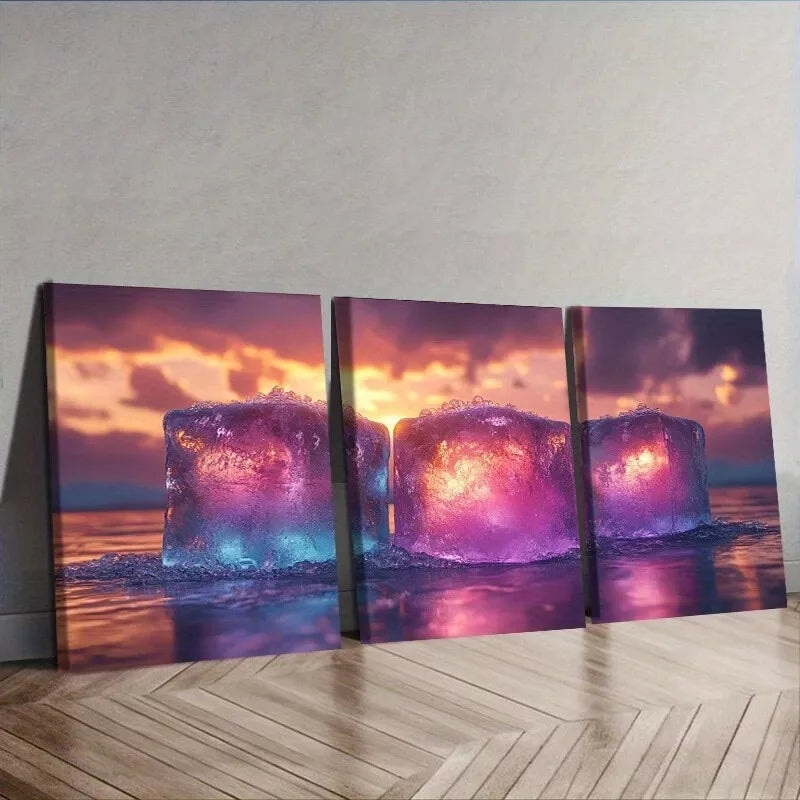 3pcs  Ice Cubes Design, Coastal Landscape Wall Art Set Canvas Framed 40x60cm - High Quality Print 100% Australian Made Wall Canvas Ready to Hang