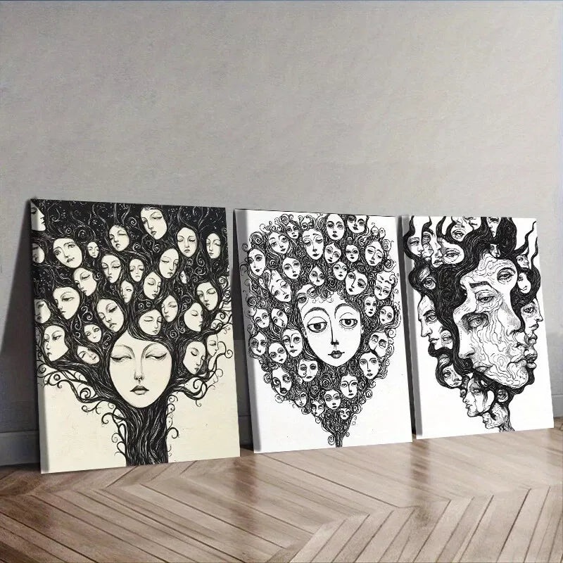 3pcs   Lines Make Up On The Face Black And White  Wall Art Set Canvas Framed 40x60cm - High Quality Print 100% Australian Made Wall Canvas Ready to Hang