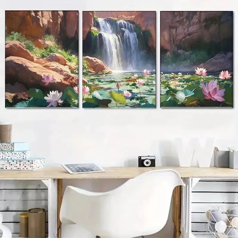 3pcs  Natural Waterfall and Lotus Landscape Wall Art Set Canvas Framed 40x60cm - High Quality Print 100% Australian Made Wall Canvas Ready to Hang