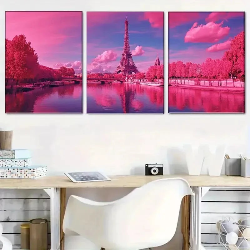 3pcs  Pink Parisian Eiffel Tower Triptych Wall Art Set Canvas Framed 40x60cm - High Quality Print 100% Australian Made Wall Canvas Ready to Hang